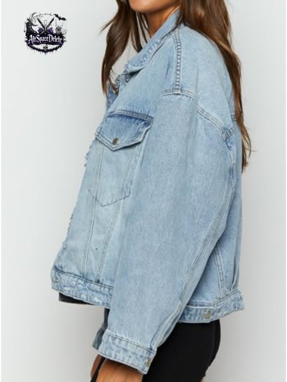 Oversized Distressed Denim Jacket with Four Pockets and Button Closure - Picture 4 of 5
